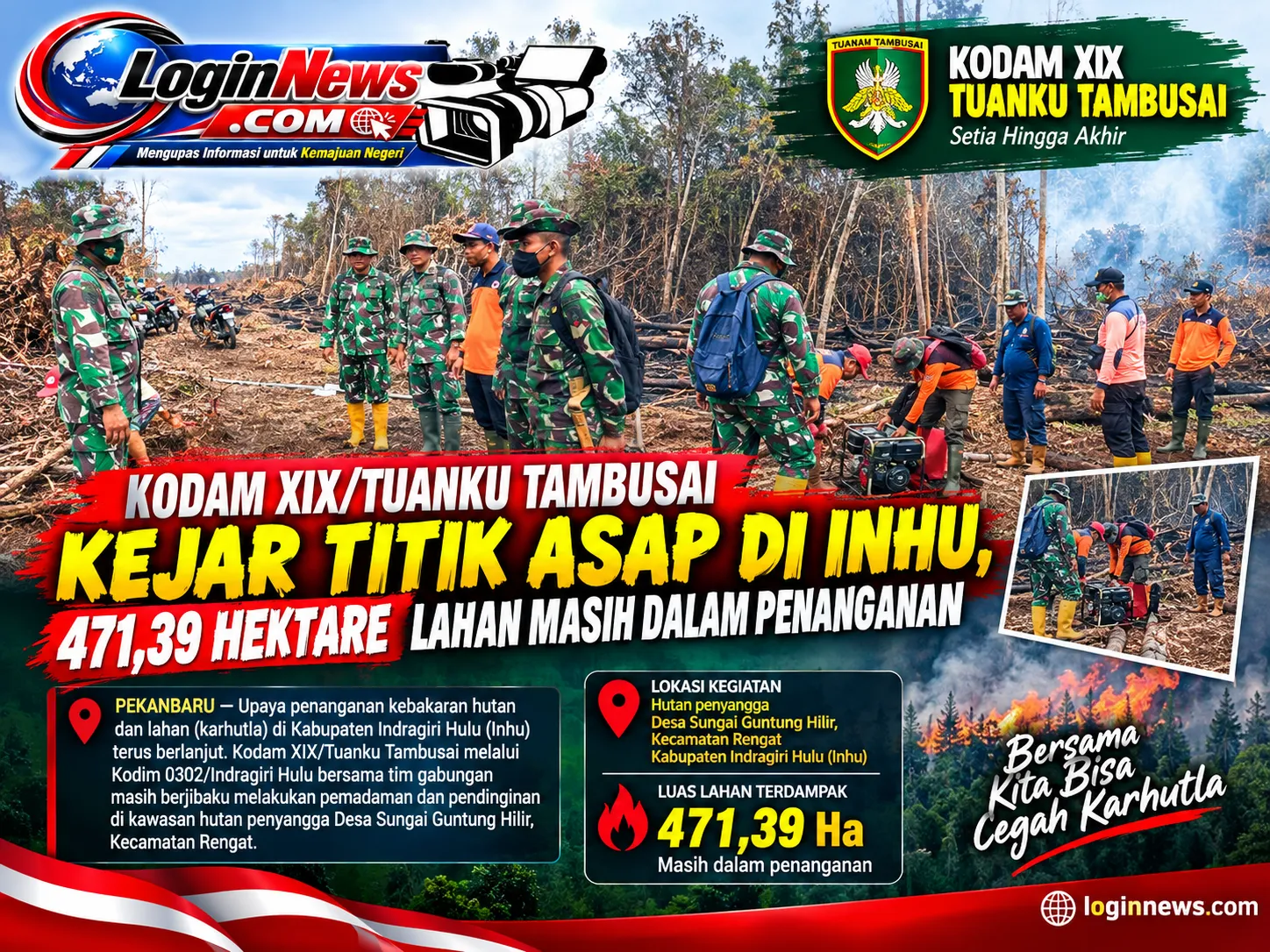 Kodam XIX/Tuanku Tambusai Kejar Titik Asap di Inhu, 471,39 Hektare Lahan Masih Dalam Penanganan