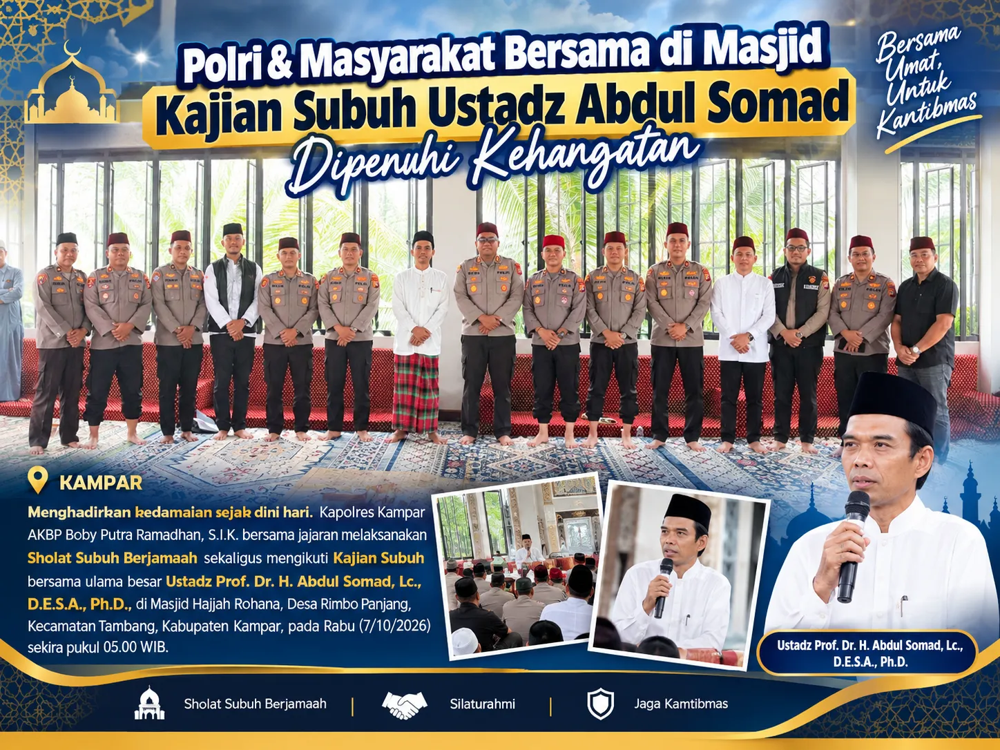 Polri & Masyarakat Bersama di Masjid: Kajian Subuh Ustadz Abdul Somad Dipenuhi Kehangatan