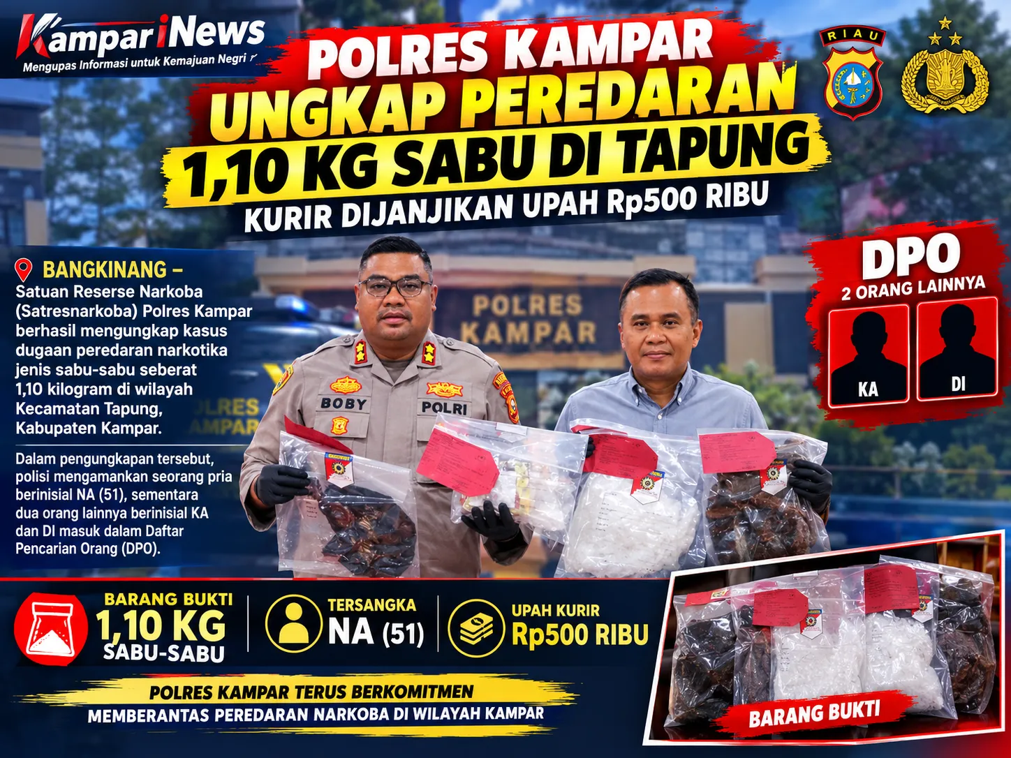 Polres Kampar Gagalkan Penyeludupan 1 Kilo Sabu-sabu