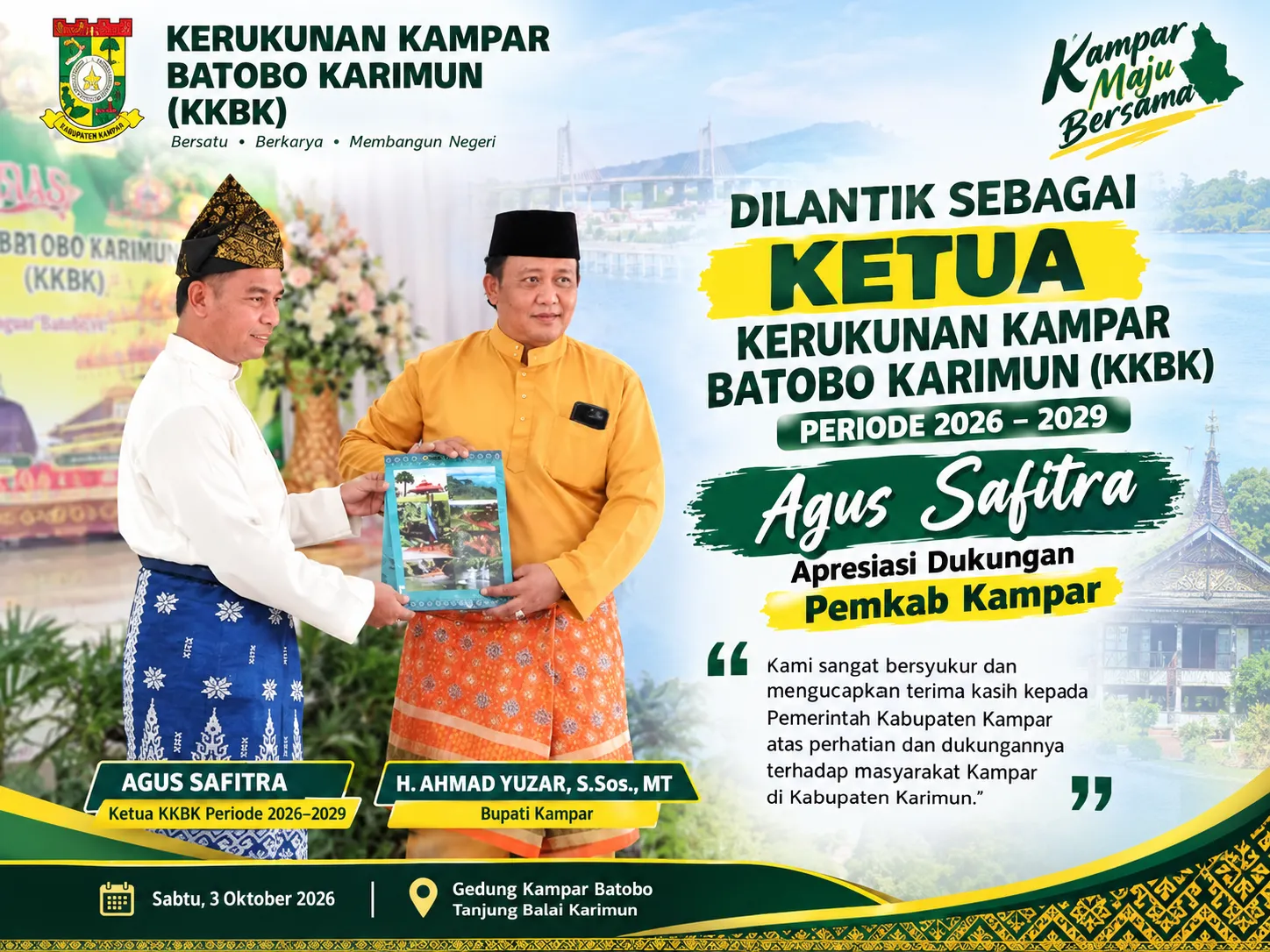 Dilantik sebagai Ketua Kerukunan Kampar Batobo Karimun Periode 2026–2029, Agus Safitra Apresiasi Dukungan Pemkab Kampar