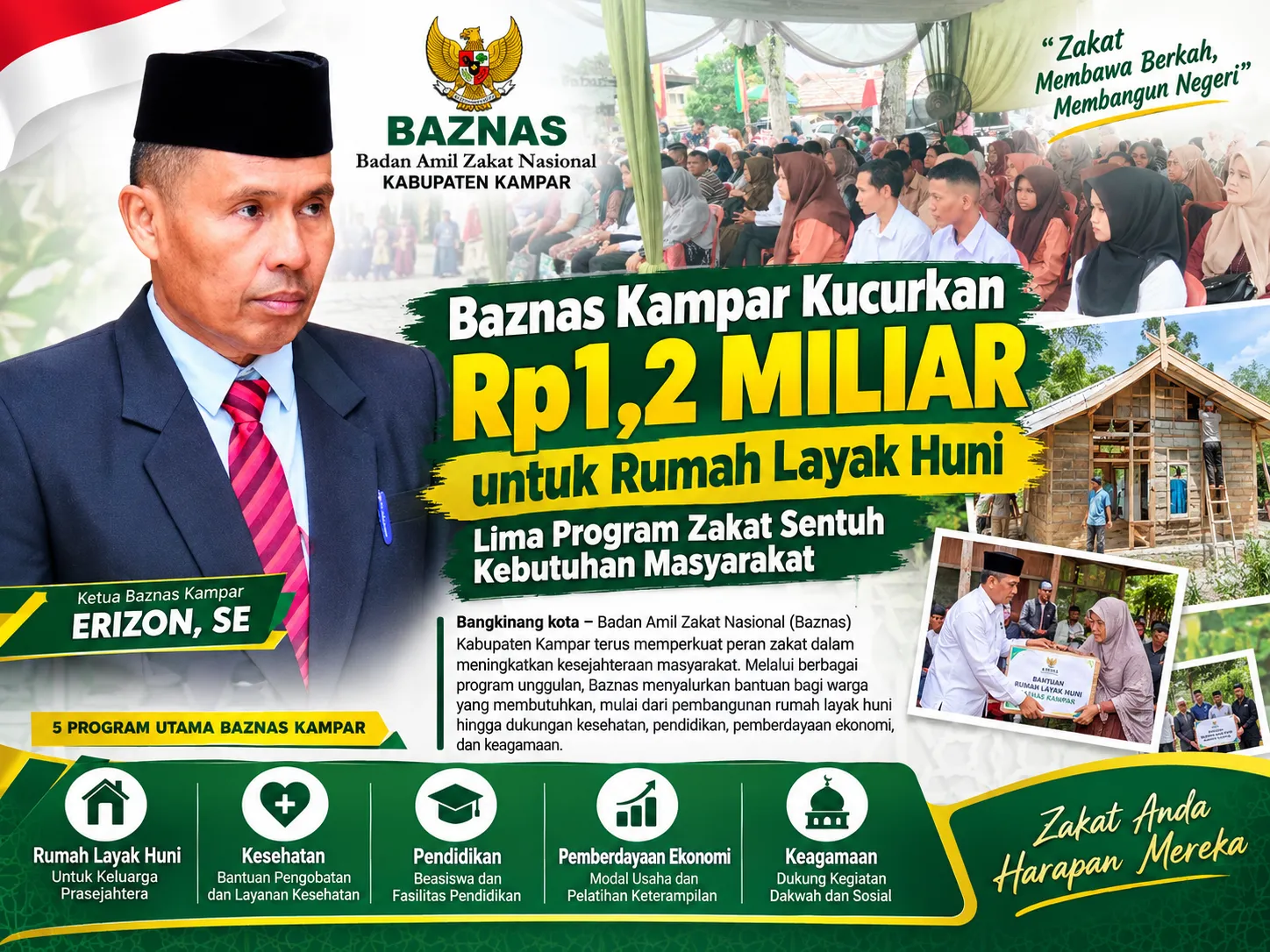 Baznas Kampar Kucurkan Rp1,2 Miliar untuk Rumah Layak Huni, Lima Program Zakat Sentuh Kebutuhan Masyarakat