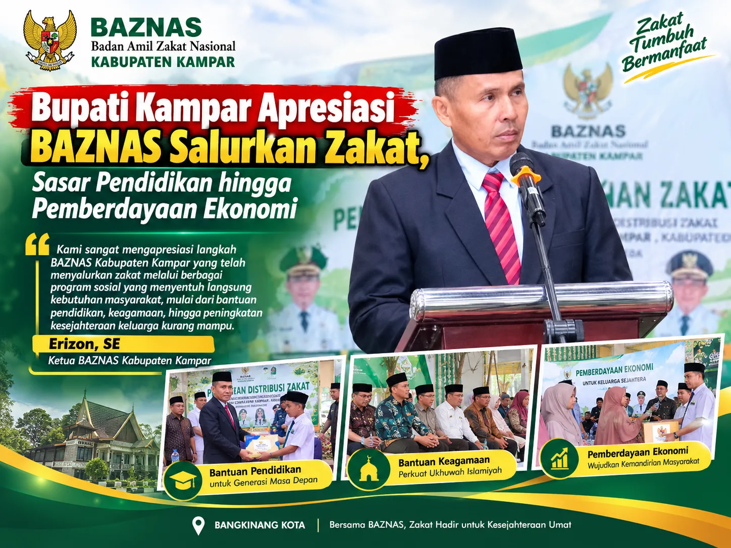 Bupati Kampar Apresiasi BAZNAS Salurkan Zakat, Sasar Pendidikan hingga Pemberdayaan Ekonomi